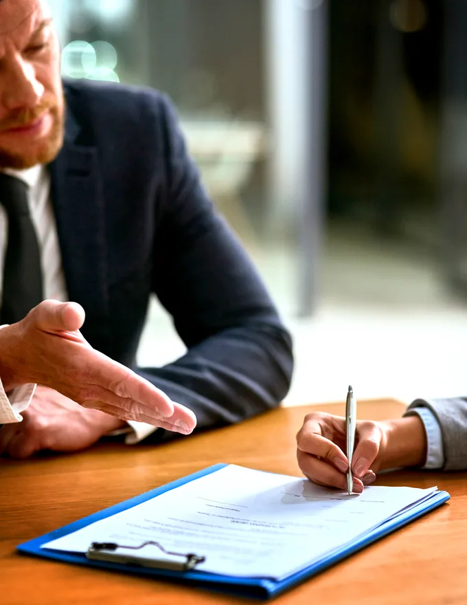 Executive presenting a contract while it is being signed